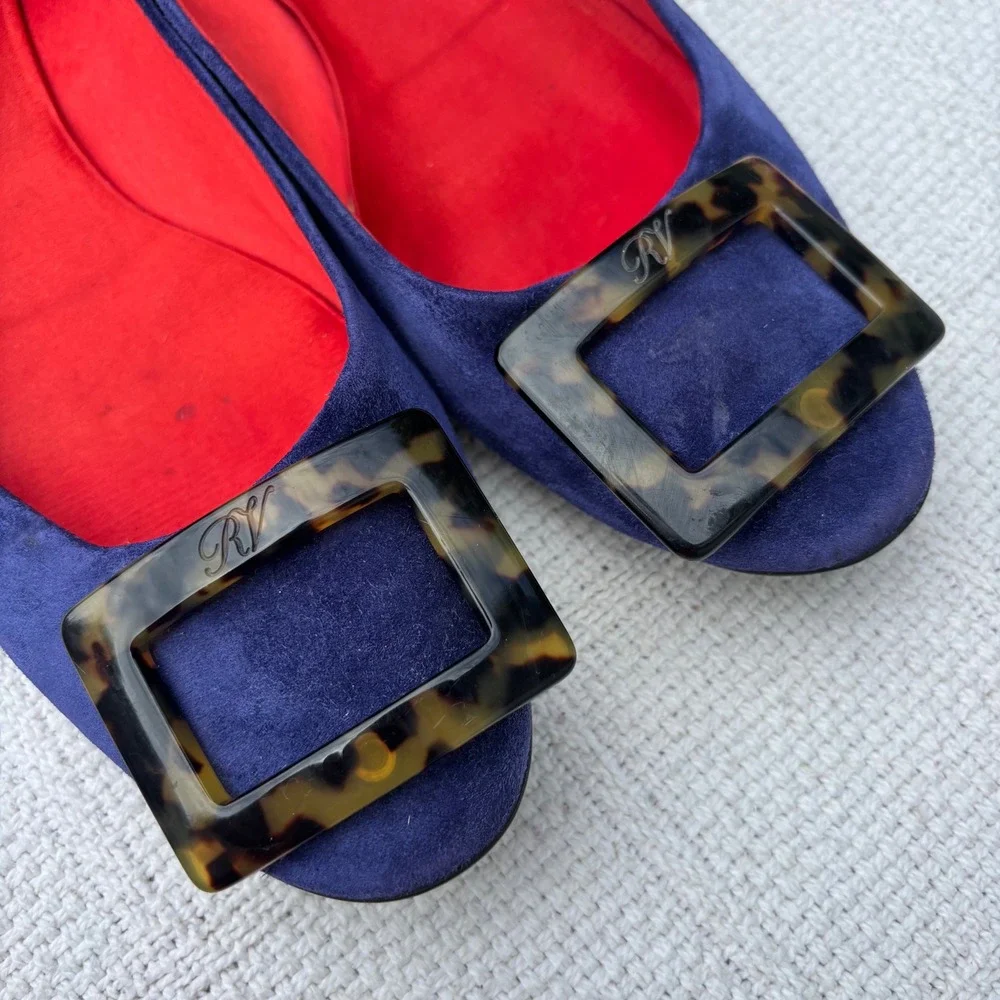 Women's 38.5 ROGER VIVIER Paris Grommette Purple Blue Tortoise Shell Suede Flats